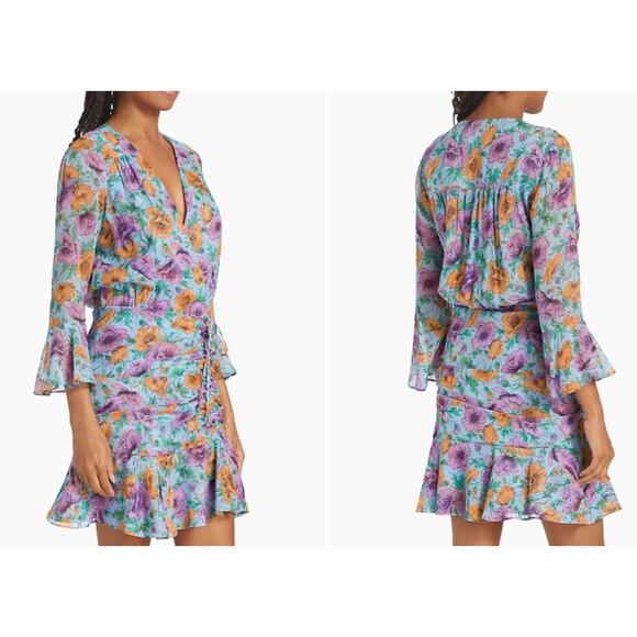 Veronica Beard Silk Floral Ruched Sean Dress Lake Blue Multi Bell Sleeve Flounce - Picture 5 of 10